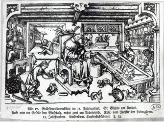 St. Eligius (n.588-660) kultaseppänä työpajassaan, n.1450